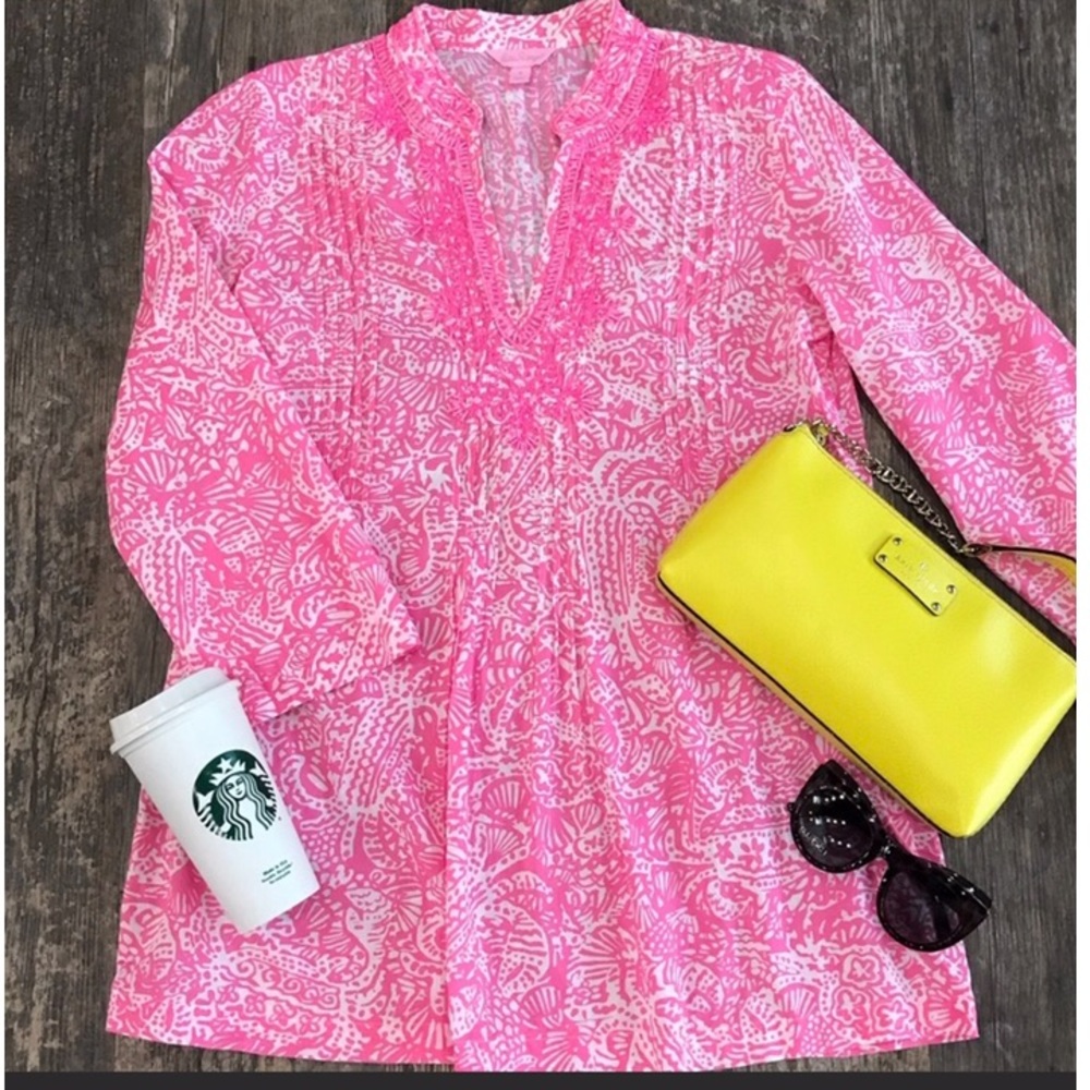 Lilly Pulitzer Sarasota Beaded Tunic Hotly Pink Get Crackin’ 100% Cotton S